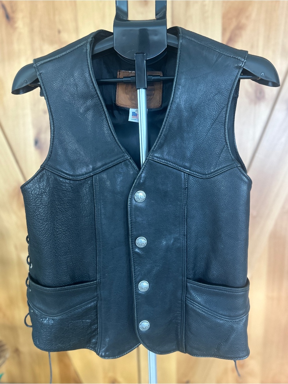 Vintage Made in USA Black Pebble Leather Biker Vest Buffalo Nickel Snaps Lace-Up